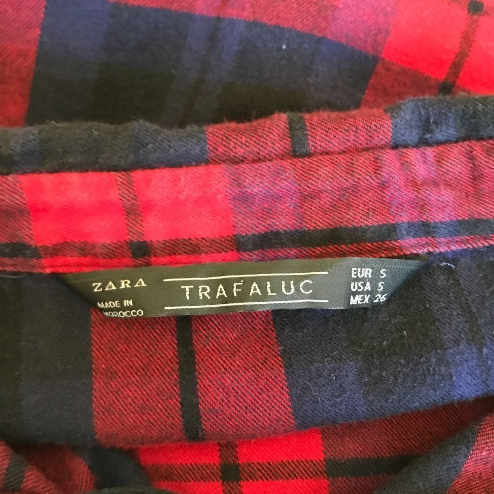 Zara Red & Blue Plaid Flannel Button Down Shirt 3/4 Sleeves - Small - Picture 5 of 5